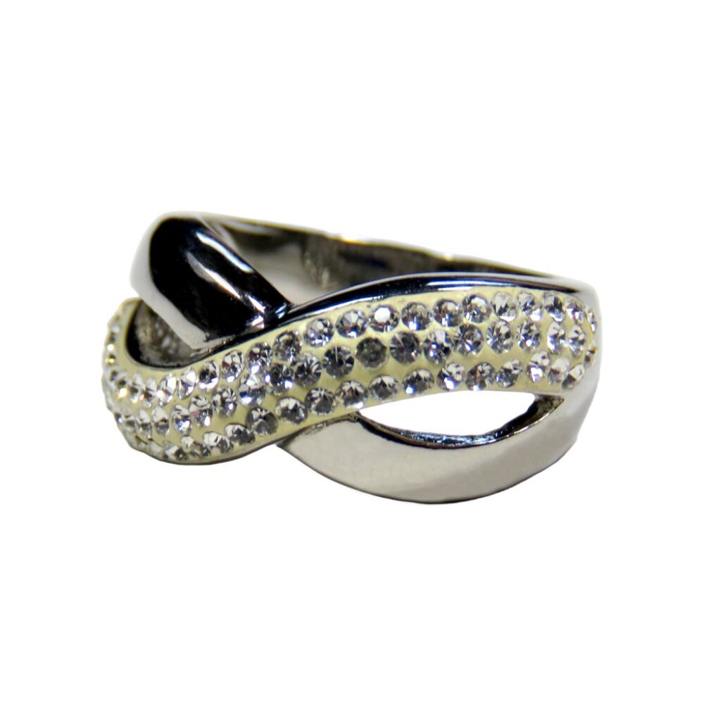 Inox Women's Polished Stainless Steel Cross Over Ring with CZ Accents
